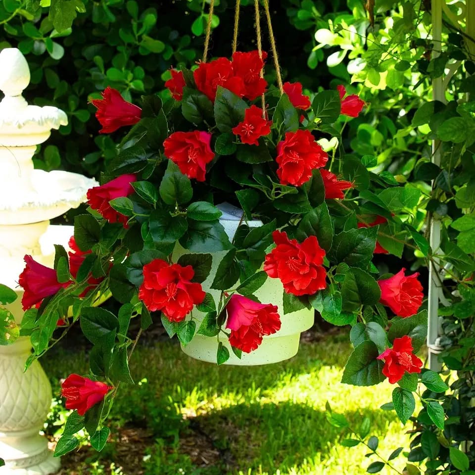 Nearly Natural 24in. UV Resistant Artificial Hibiscus Hanging Plant (Indoor/Outdoor) - Set of 2