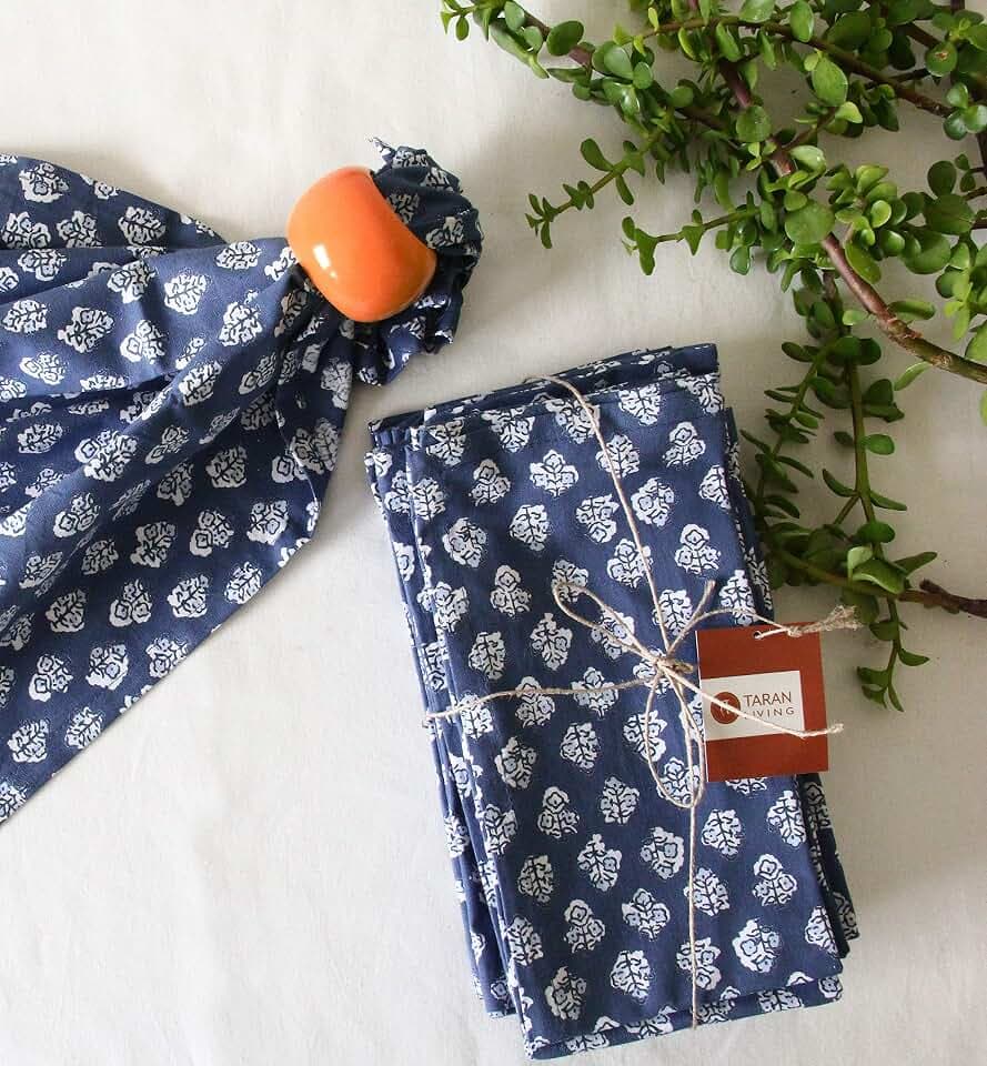 TARAN LIVING Cotton Cloth Napkins Reusable Floral Napkin Printed Dinner Napkin Set Cloth Daily Use Machine Washable Dish Cloth Gift for Valentine Home Decor Set of 12, Indigo Blue, 18x18 Inches