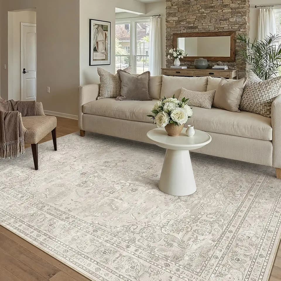 PureCozy Beige 5x7 Area Rug Washable Vintage Carpet Living Room Low Pile
