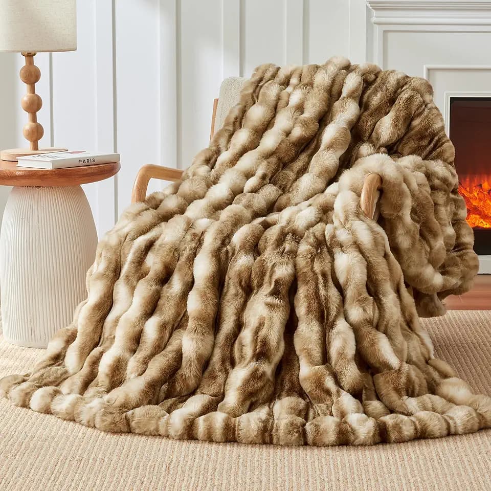 Touchat Luxury 1000GSM Rabbit Faux Fur Blanket, Super Warm Cozy Brown Blankets for Couch Bed Sofa, Ruched Plush Fuzzy Elegant Soft Reversible Mink Blanket Living Room Bedroom, 50" x 60",Leopard Brown