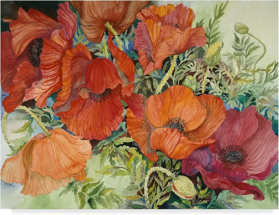 Wrapped Canvas Wall Art - Joanne Porter 'Orange Poppies' Wall Art for Living Room, Bedroom, or Office Décor - 14x19