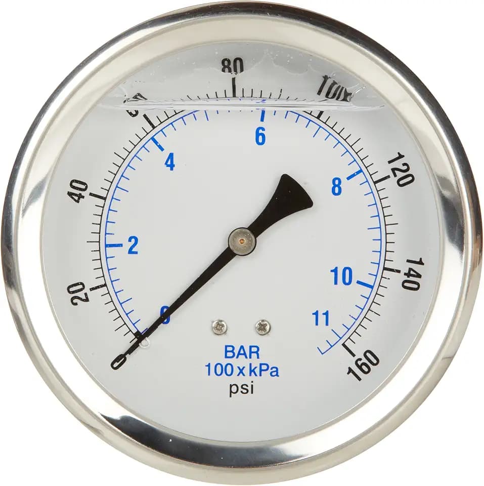 PIC Gauge 202L-404F 4" Dial, 0/160 psi Range, 1/4" Male NPT Connection Size, Center Back Mount Glycerine Filled Pressure Gauge with a Stainless Steel Case, Brass Internals, Stainless Steel Bezel, and Polycarbonate Lens