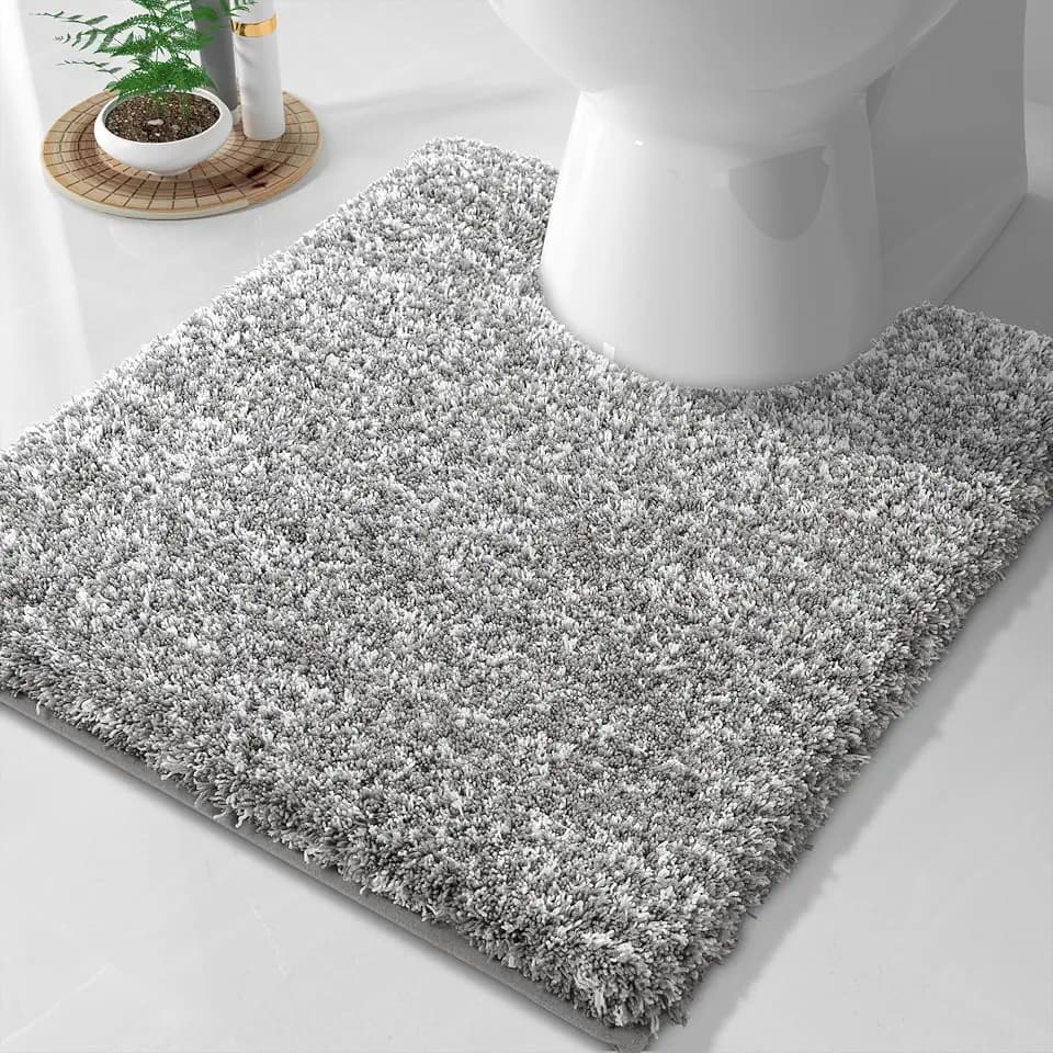 Yimobra Fluffy Toilet Rugs U Shaped, Shaggy Soft Comfortable Non Slip, Water Absorbent Microfiber Bath Mat, Dries Quickly, Machine Washable Thick Bathroom Floor Rugs, 24"x 20", Light Gray and White