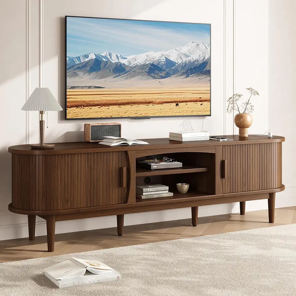 Decofy 69" Fluted TV Stand for TVs Up to 80" with Charging Station, Walnut