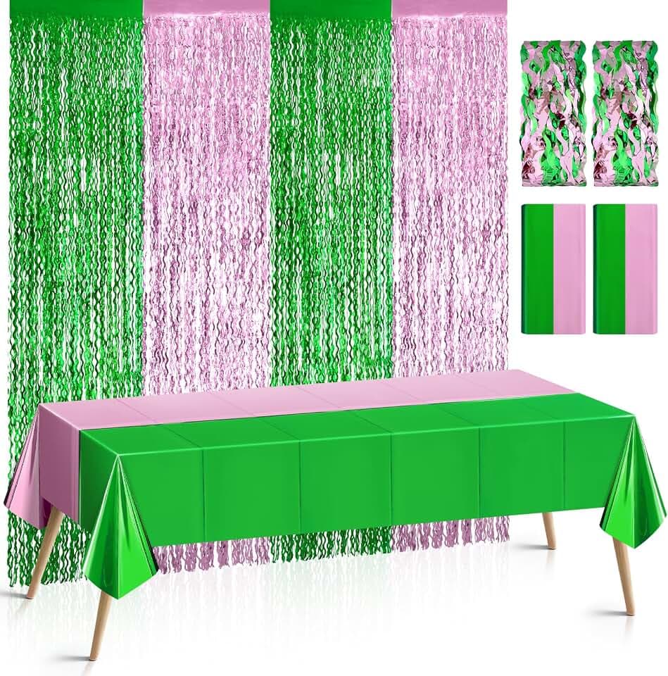 Just Shimmer 4 Pack Pink & Green Split Color Birthday Party Decorations, 2 Pcs Holographic Tablecloth & 2 Pcs Tinsel Curtain Combo for Wedding, Bachelorette, and Festive Events
