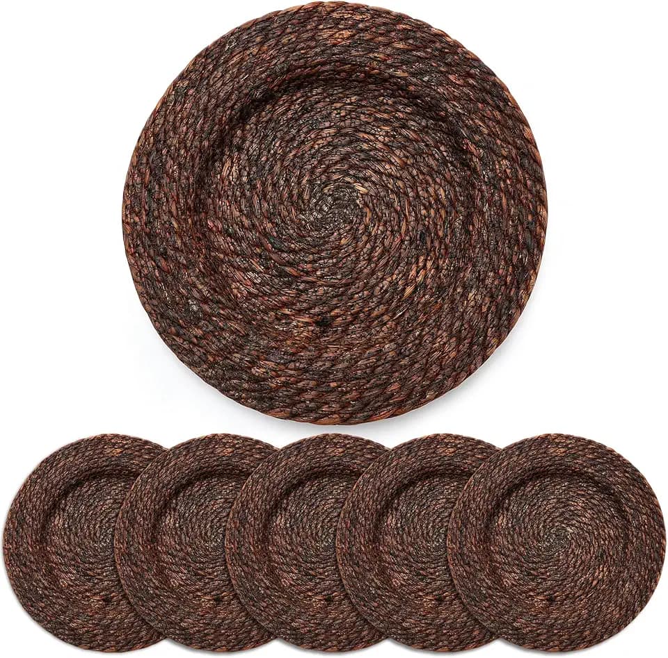 LemonRoad 13 Inch Boho Placemats Set of 6 Large Round Farmhouse Chargers Plate Mats Cattail Weave Woven Table Mats for Dining Plates Rustic Home Kitchen Wedding Party Table Decor, Dark Brown