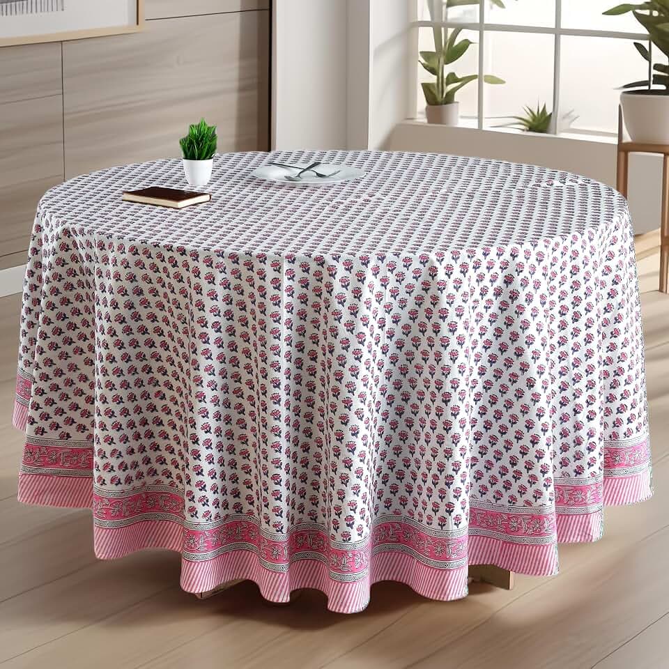 CPC Pink Sapphire Block Print Cotton Tablecloth Round 110 Inch Home Decor