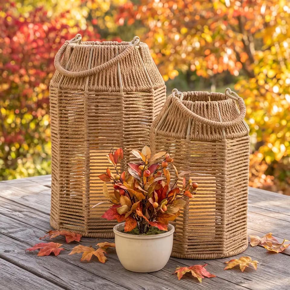 Natural Jute Boho Lanterns - Handcrafted Farmhouse Coffee Table Decor