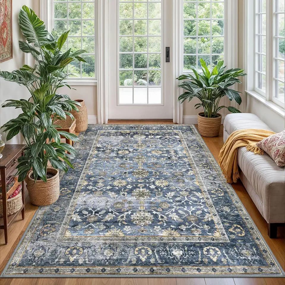 KUTA Vintage Area Rug 4x6 Washable Entryway Rug Blue Grey Beige