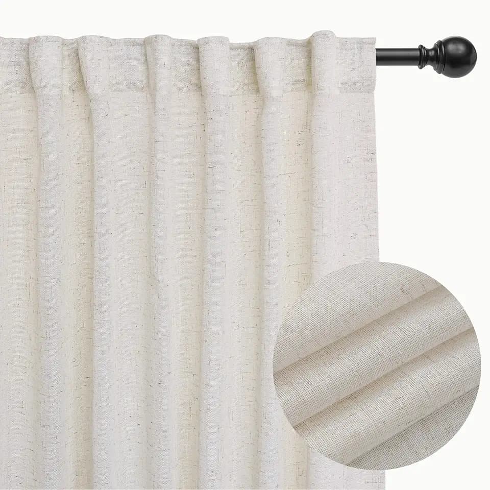 Natural Linen Sheer Curtains Back Tab & Hook Belt 84 Inches Long Light Filtering Semi Sheer Curtains for Living Room 2 Panels, 52x84