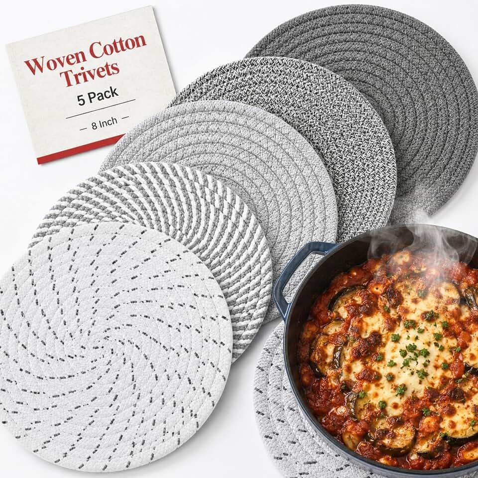 8 Inch Woven Trivets for Hot Dishes, 5 Pack Large Heat Resistant Cotton Hot Pads for Pots, Pans, Coffee Pot, Teapot, Plates & Planters, Farmhouse Boho Kitchen Decor for Table and Countertop