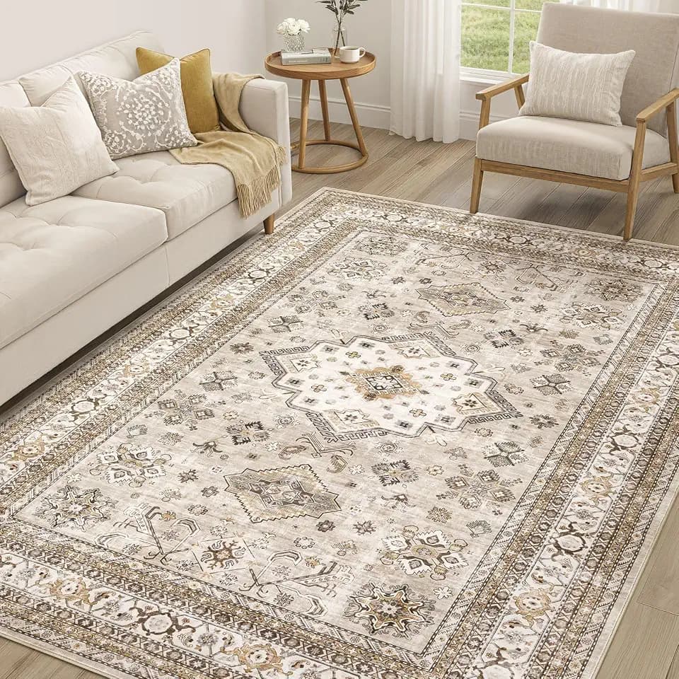 cotiled 5x7 Area Rug for Living Room, Washable, Traditional, Beige