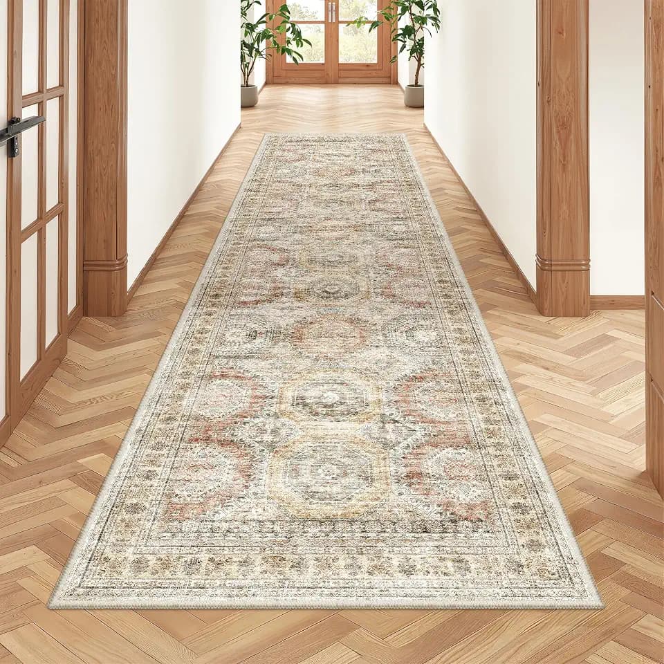 Rug Runners for Hallways Non Slip - 2x8 Runner Rug for Bedroom, Washable Runner with Rubber Backing, Soft Low-Pile Carpet for Kitchen, Laundry, Bathroom (2'x8', Brown/Pink)