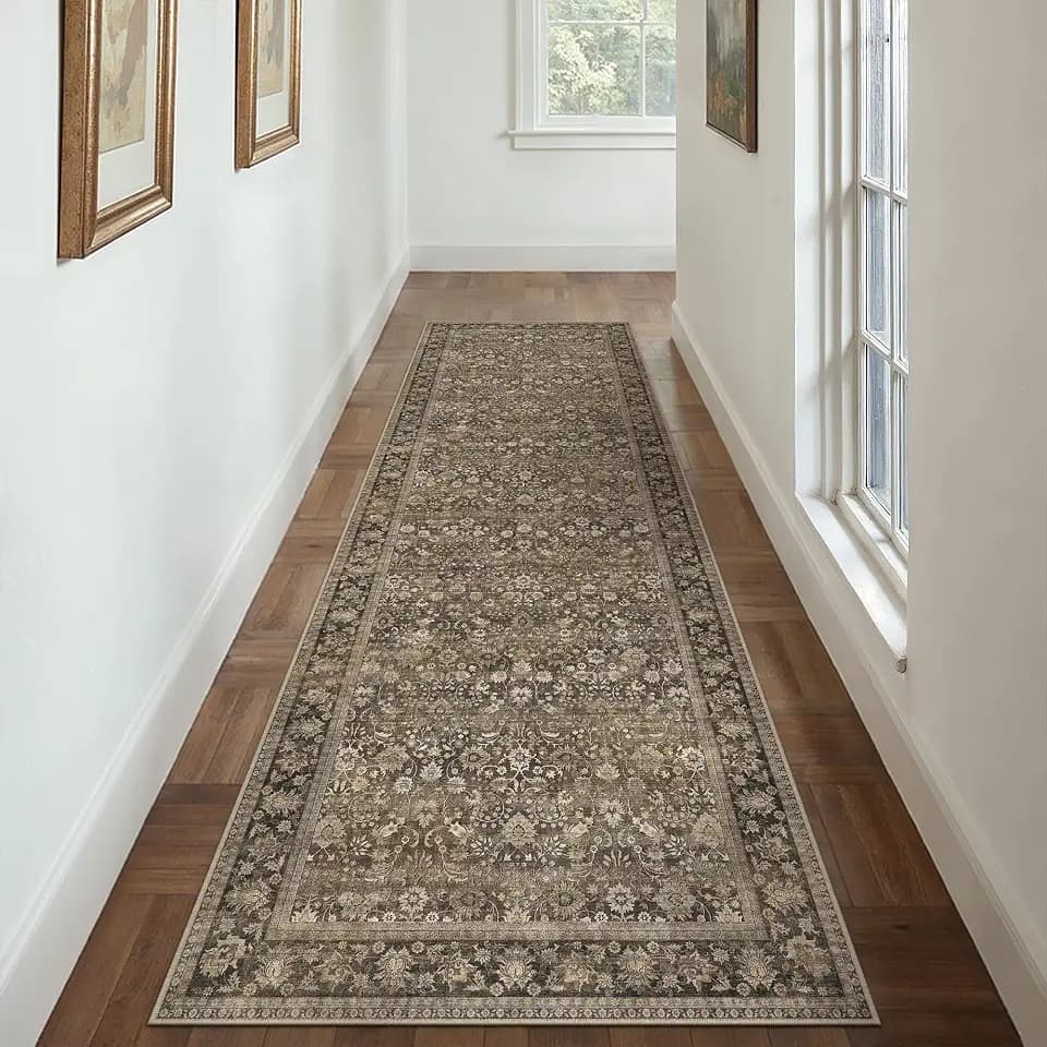 HUGEAR 3x12 Brown Vintage Floral Washable Runner Rug for Hallway