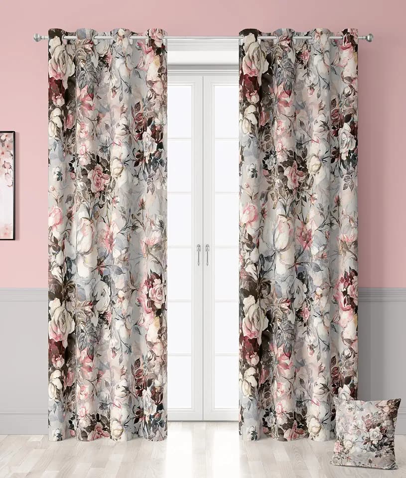 Pink Grey Floral 100% Blackout Curtains 2 Panels 52Wx96L Inch Red