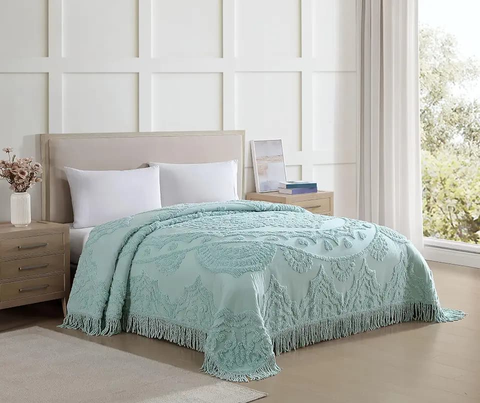 Lotus Medallion Full Chenille Bedspread, 100% Cotton, Blue