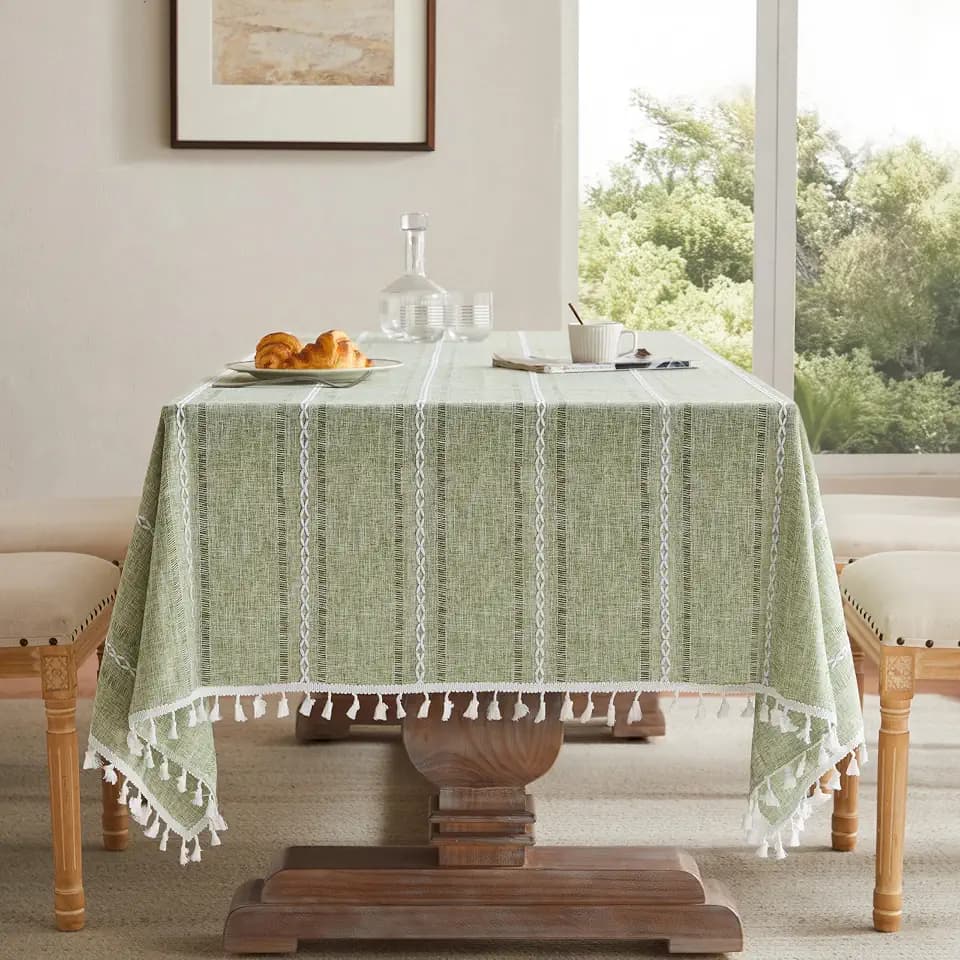 ZeeMart Hemstitched Striped Boho Table Cloth, 60x60 Inch Light Green