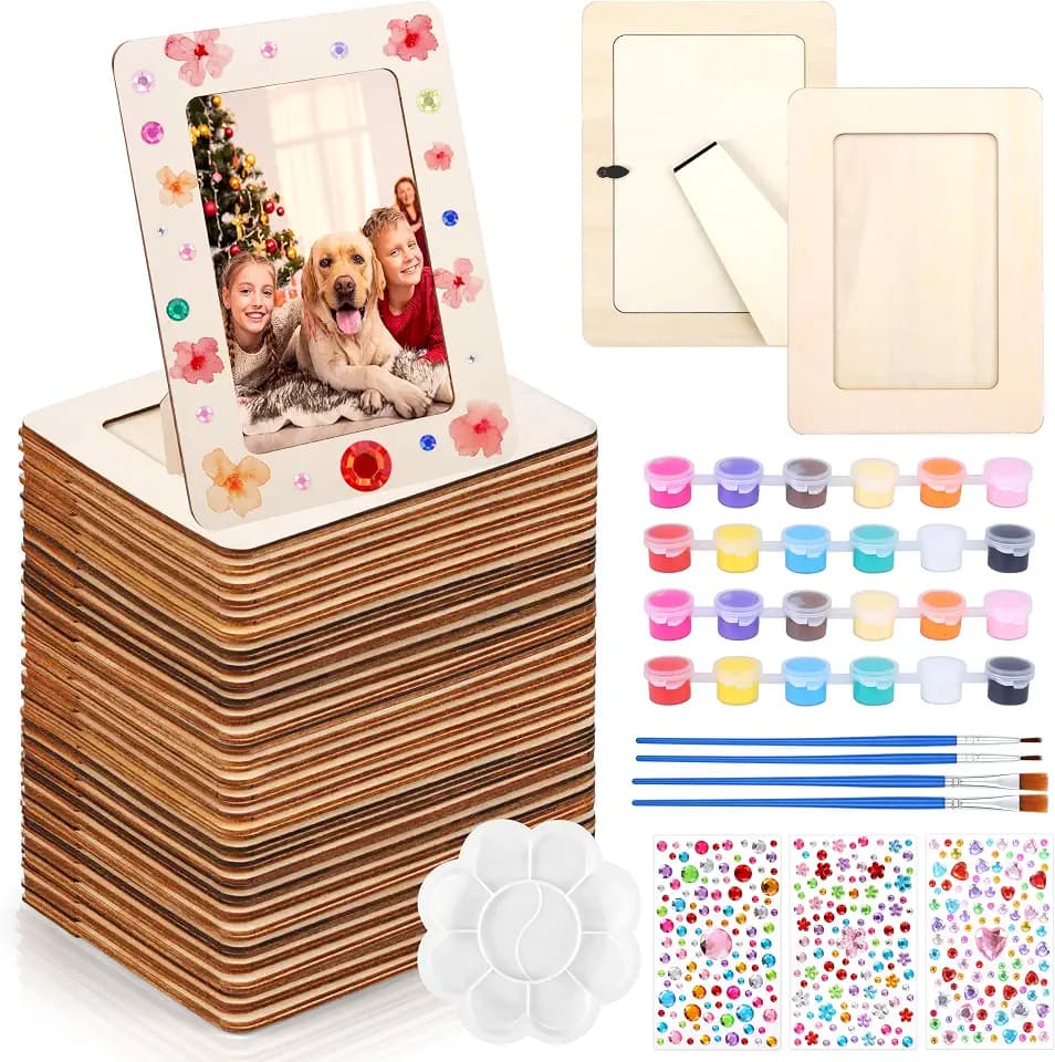 Fovths 20 Pcs Wooden Picture Frames for Crafts, 4 x 6 Inch DIY Wood Frames with Gem Stickers Acrylic Paint Brushes Palette, Unfinished Wood Photo Frame for DIY Painting Arts Projects Decorate