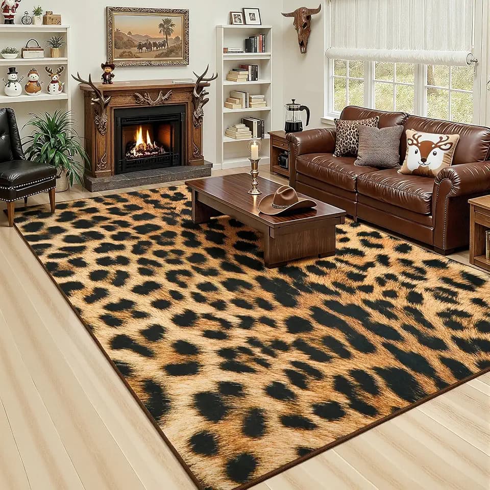 AROGAN Premium Leopard Rug for Living Room 5×7 Feet, Machine Washable Cheetah Rug Animal Print Hide Area Rug, Large Non-Slip Faux Fur Zebra Skin Rugs Carpet for Office Bedroom Dinner Room Home Decor