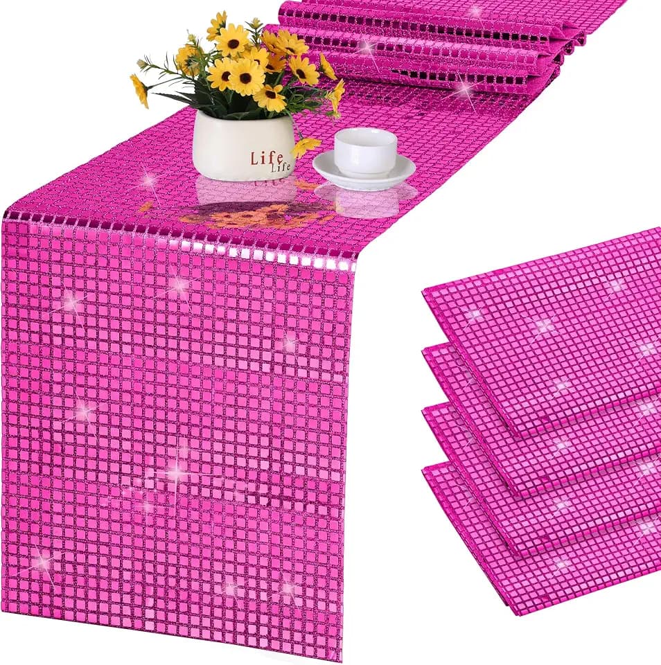 durony 6 Pack Mirror Disco Party Table Runner, 11 x 108 Inch, Hot Pink