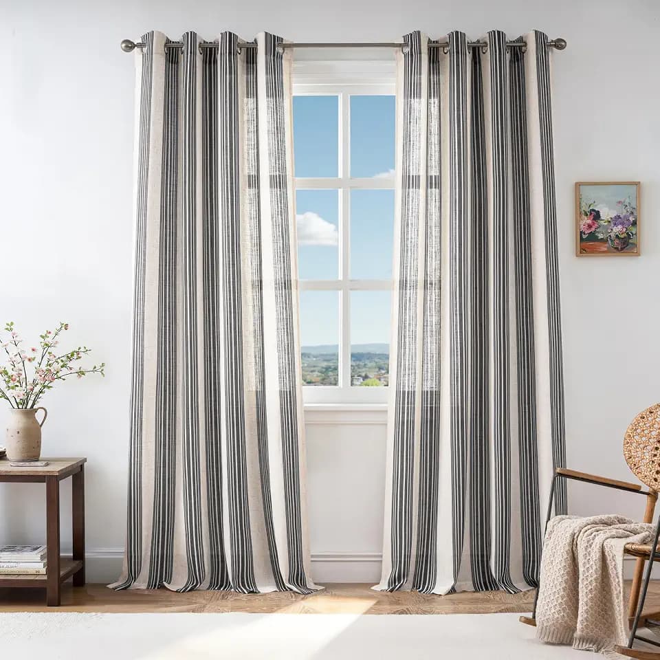 DriftAway Farmhouse Curtains for Living Room Vertical Striped Linen Curtains Semi Sheer Light Filtering Grommet Window Treatments, 84 Inches Long, 2 Panels, Black on Beige