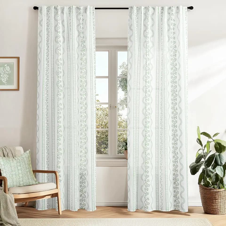 Light Sage Green and White Vine Spring Curtains for Living Room, Cottage Core Floral Pattern Light Filtering Sheer Window Panels for Bedroom Kitchen, 84 Inches Long