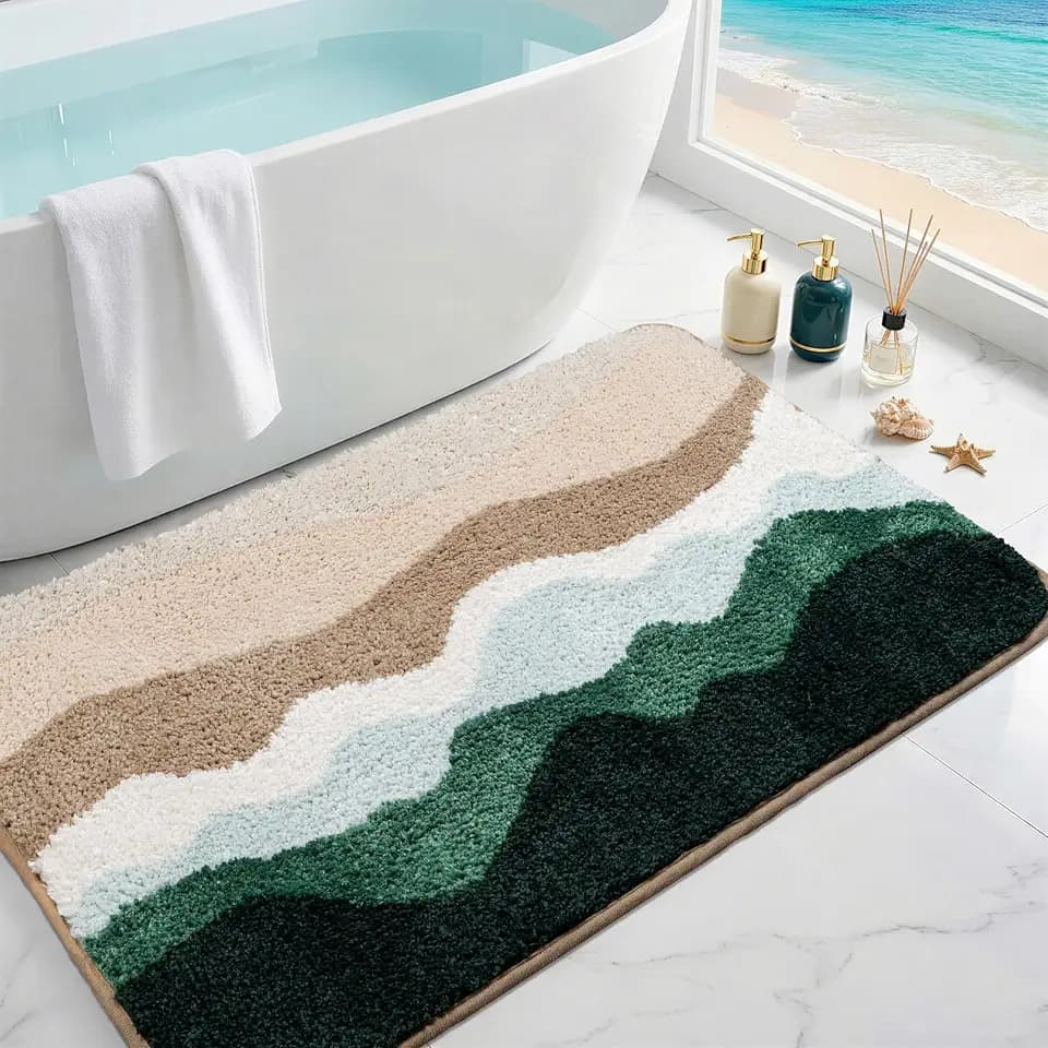 Green Coastal Bathroom Rugs Microfiber Soft Fluffy Cute Bath Mats