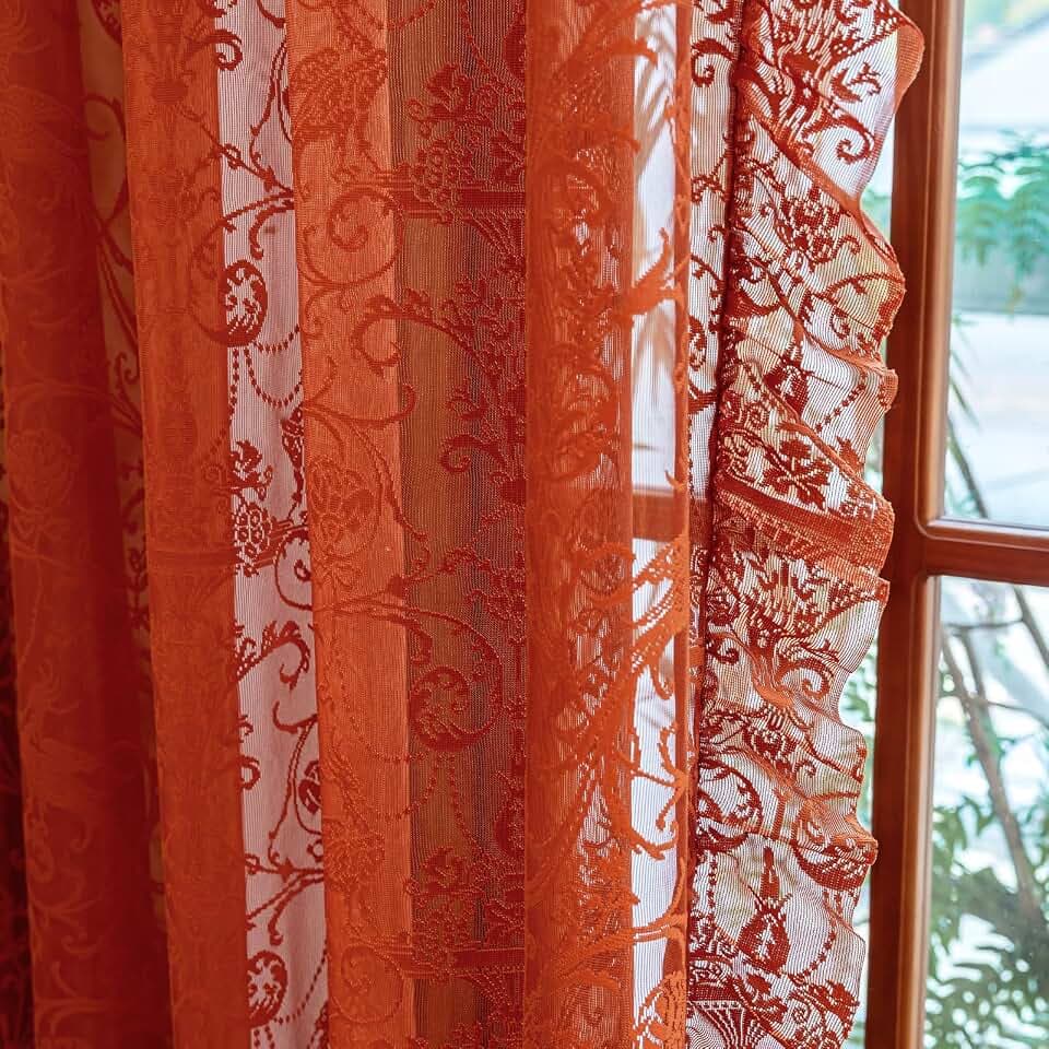 TUDECO Orange Kitchen Curtains 45 Inch Length 2 Panels - Funky Lace Ruffle Rust Sheer Curtains for Small Window, Boho Sheer Rod Pocket Privacy Short Cafe Curtain, 59W x 45L Inch, Terracotta