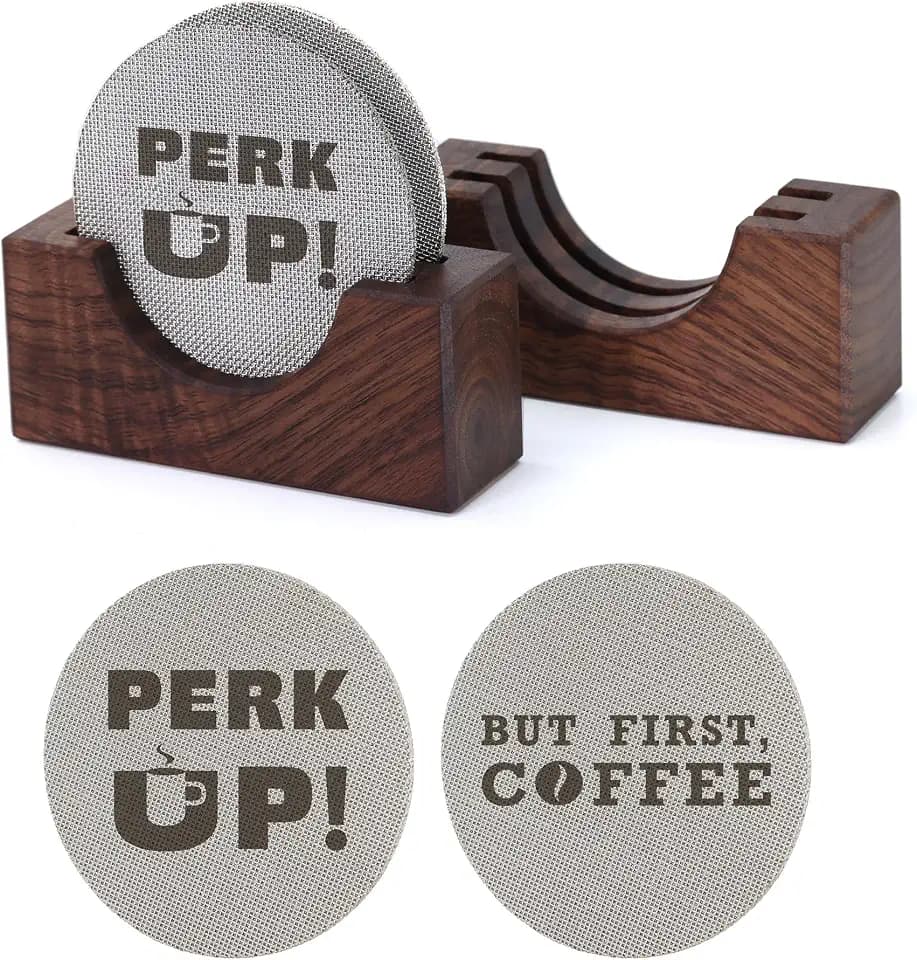 2Packs 53.3mm Espresso Puck Screen | Handmade Walnut Stand | 1.7mm Thickness 150μm 316 Stainless Steel