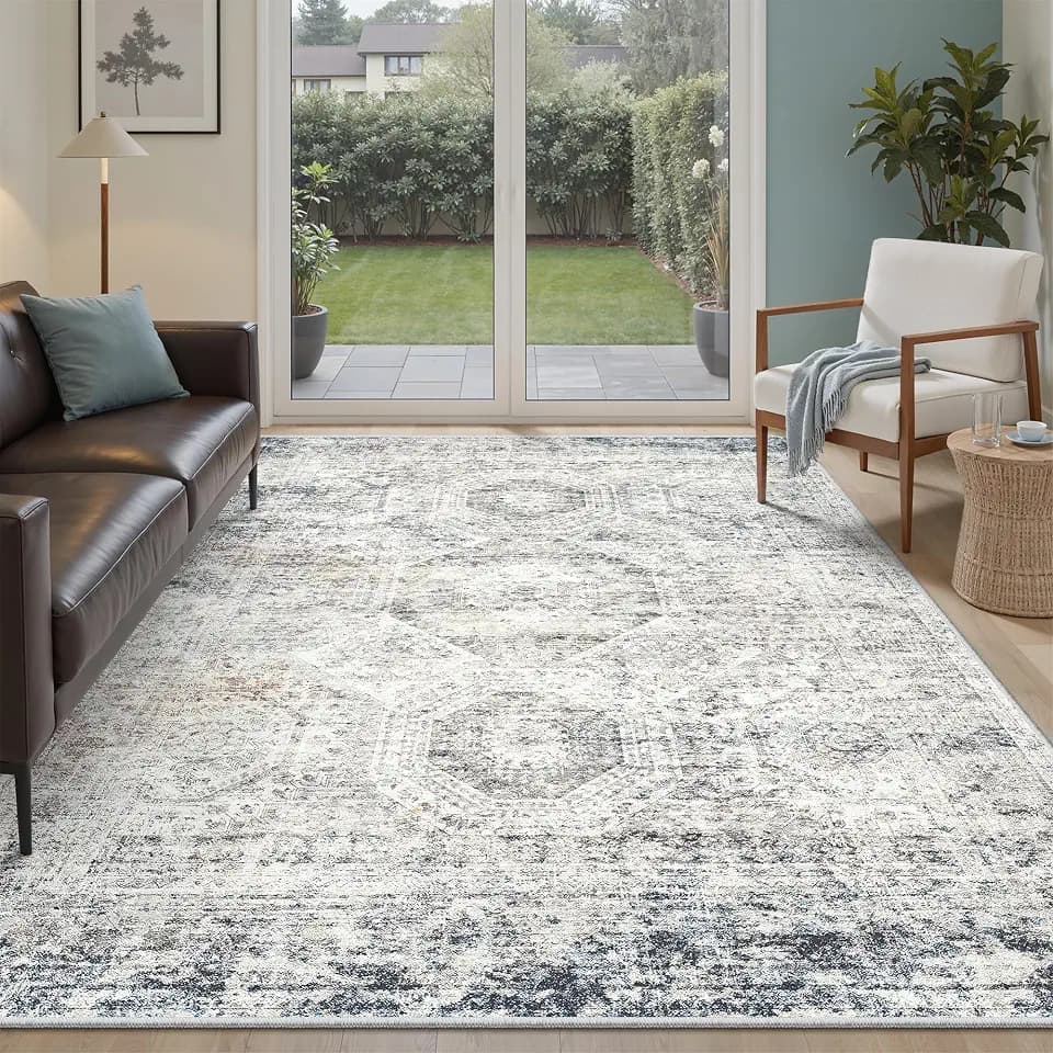 Soalmost 6x9 Area Rug for Living Room Washable Rugs Non-Slip Blue/Ivory
