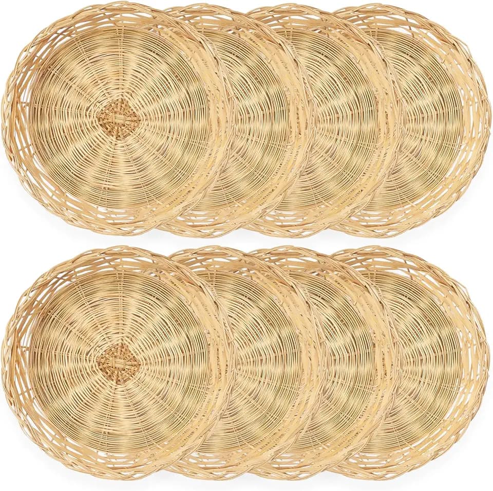 Cheardia 8 Pack Bamboo Paper Plate Holders, 10 Inches Reusable Wicker Charger Plates for Dinner Plates Natural Hand Woven Wicker Paper Plate Baskets for Home Party Daily Dinning Picnic