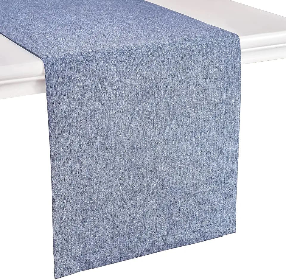 Mebakuk Linen Farmhouse Table Runner Large Burlap Style Soft and Waterproof Decorative Fabric Runner for Outdoor Wedding and Dinner (14 x 90 Inch, Denim Blue)