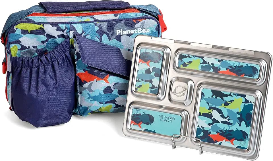 PlanetBox Rover Stainless Steel Bento Box Style Lunch Box Kit for Kids with 5 Compartments, Camo Shark Edition includes Insulated Lunch Bag, Leakproof Food Containers and Matching Magnets
