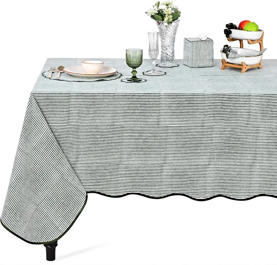 Ridhi Forest Green Stripe Block Print Rectangle Tablecloth 70x108 Inch