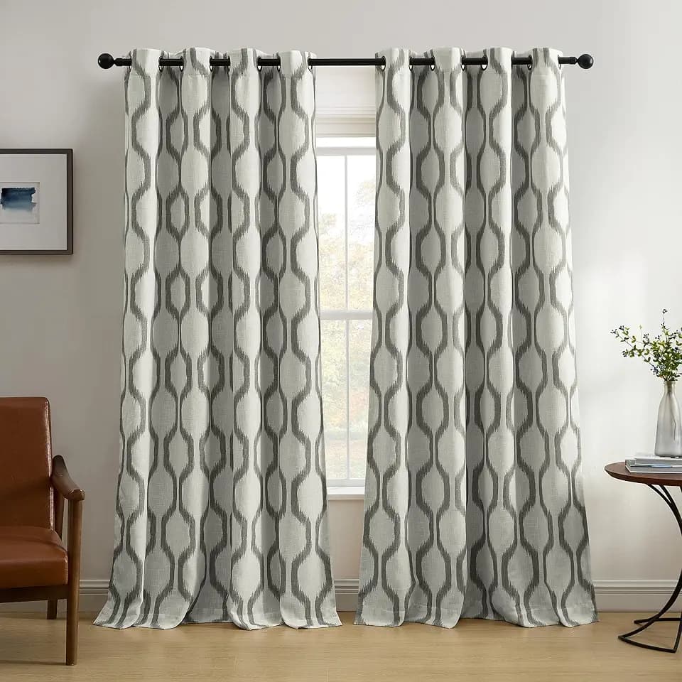 Threadmade Renzo Ikat Geometric Linen Room Darkening Window Curtain, Slate Gray - 52" W x 95" L