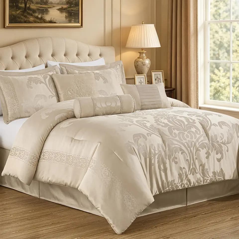 Chezmoi Collection Royale 7-Piece Jacquard Floral Comforter Set, Oversized King, Champagne