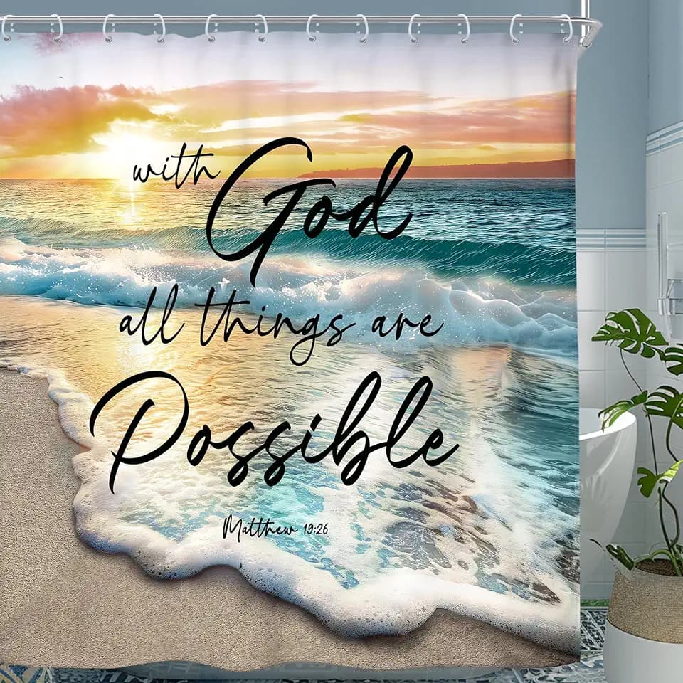 Beach Ocean Bible Verse Shower Curtain Set Sunrise Sunset Bathroom Decor
