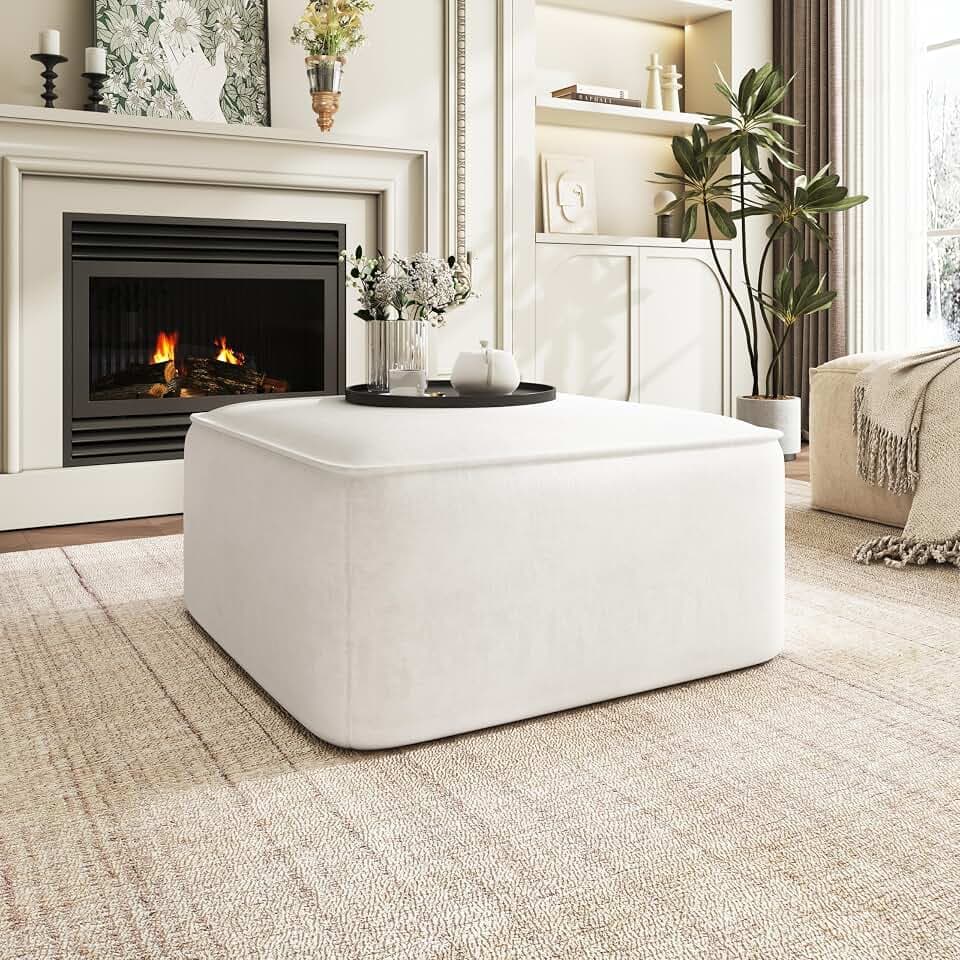 Christopher Knight Home Isa Velvet Ottoman Footstool, Square Pouf Poufee Footrest Ottoman Large Seat, Modern Side Table for Living Room Bedroom Home Decor, Cream, 30"