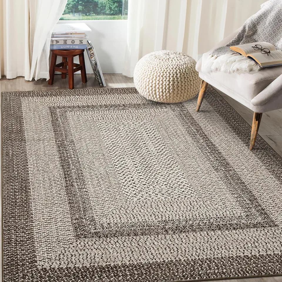 COZYLOOM 5x7 Living Room Rugs Washable Bedroom Rug Non Slip Stain Resistant Braided Pattern Rug Non Shedding Low Pile Modern Bordered Carpet Foldable Thin Mats for Dining Room, Nursery, Camel