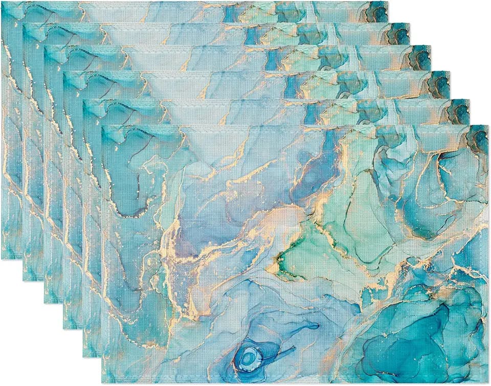 Marble Placemats Set of 6,Blue Teal Turquoise Gold Table Mats Non-Slip Heat Resistant Washable Placemat for Party Kitchen Dining Table Decoration Indoor Outdoor