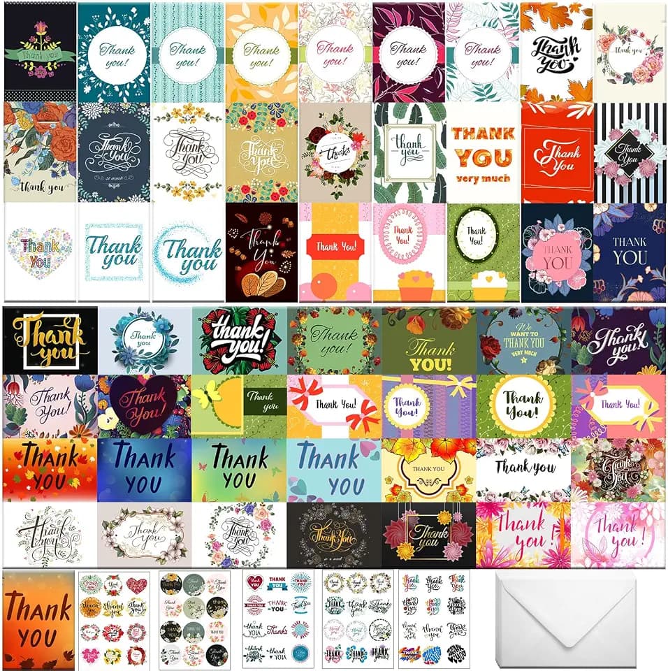Eilyliafe 56 Bulk Thank You Cards, Assorted Thank You Cards with Envelopes, Matching Stickers and Storage Box - 4 x 6 Inch Blank Thank You Greeting Cards