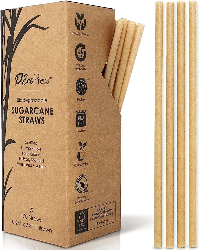EcoPreps Biodegradable Sugarcane Disposable Straws, Plastic-Free, 150 Count