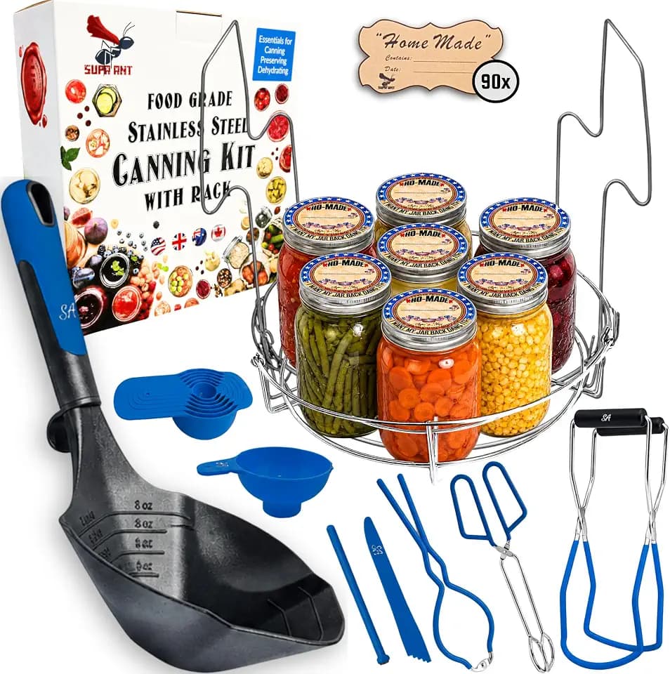 Canning Supplies 10pc Food-Grade Stainless Steel Canning Kit. XL Ladle, 6 Measuring Cups, Jar Lifter, Wide Mouth Funnel, Canning Rack (7-Jar Capacity) & 90 Labels Beginner-Friendly, Blue by Supa Ant