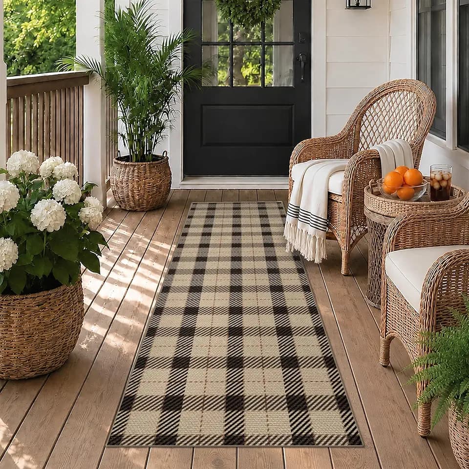 JTJ Easy Jute 2x6 Outdoor Runner Rug, Black & Tan Plaid, Washable