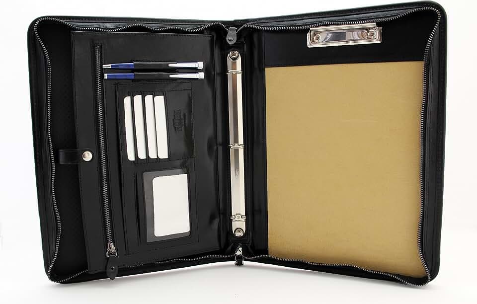 Noda Executive Leather Padfolio 3 Ring Binder Professional Business Portfolio w/Zippered Closure | Resume, Document, Notepad, Tablet, Clipboard, Writing Pad Organizer | Men, Women, Handle (Black)
