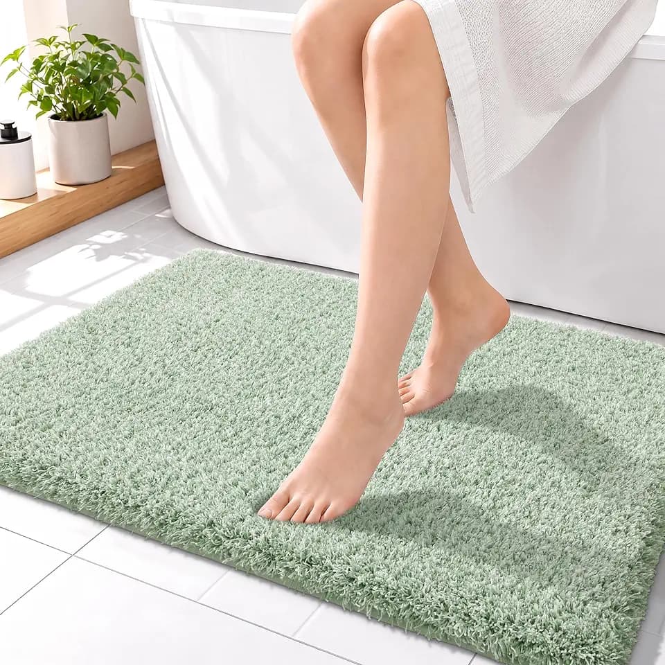 Yimobra Green&White Bathroom Rugs Non Slip Washable 36X24, Plush Bath Mat