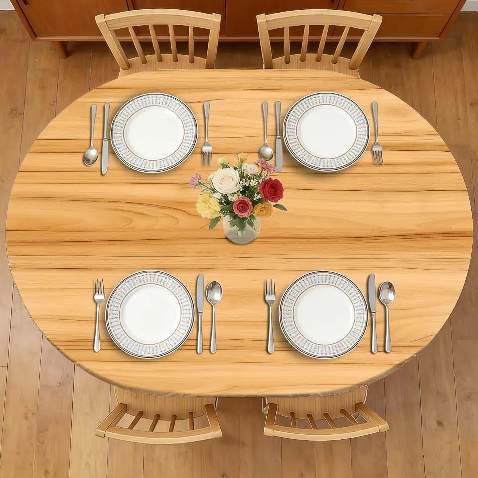 Wood Grain 48 x 68 Inch Oval Fitted Tablecloth with Elastic Edged, Waterproof Oil Proof Wipeable Oblong Table Cover for Indoor Outdoor Patio Table, Fits Oblong Oval Tables Up To 48" W x 68" L