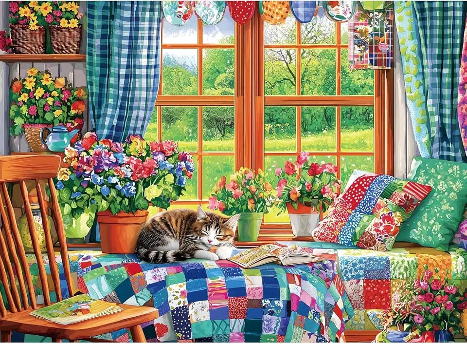 300 Piece Puzzles for Adults, Sleeping Quilt Cat Jigsaw Puzzle for Adults Children Elderly, Large Piece Animal Puzzle for Kids Ages 8-10 10-12, Fun Flower Puzzles,Family Game Great Gift 20.5 * 15in