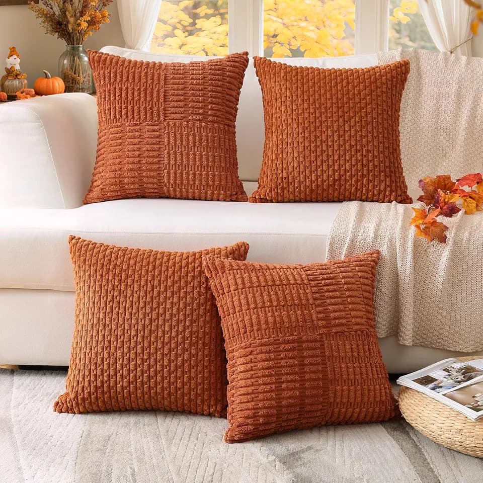 OTOSTAR Set of 4 Rust Fall Boho Decorative Throw Pillow Covers 24x24 Inch, Soft Corduroy Striped Square Pillow Cases for Sofa Couch Bed Patio Farmhouse Autumn Home Decor Cushion Covers Case