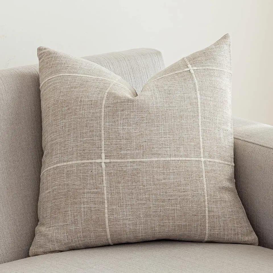 vctops Rustic Lattice Cotton Linen Decorative Throw Pillow Cover Embroidery Square Cushion Cover Pillowcase for Sofa Bedroom Couch (Plaid Coffee,18"x18")